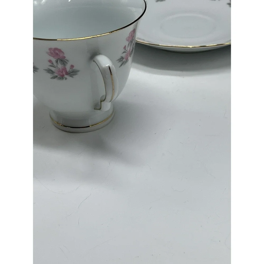 Floral Fine Porcelian China Coffee‎ Teacup Cup and Saucer Pink Ivory A50